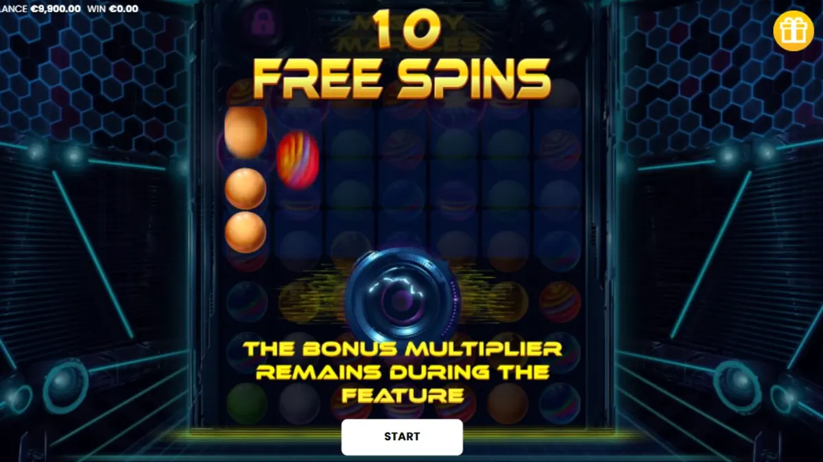 Isang makulay na neon cosmic grid ng Mighty Marbles slot na puno ng mga kumikinang na marbles.
